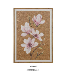 Textured pink magnolia cork wall art with gold foil details.