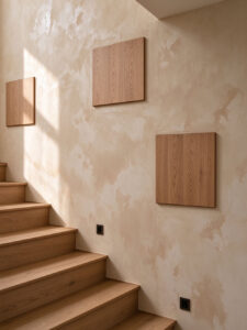 Textured artistic paint staircase wall with square wood block panels