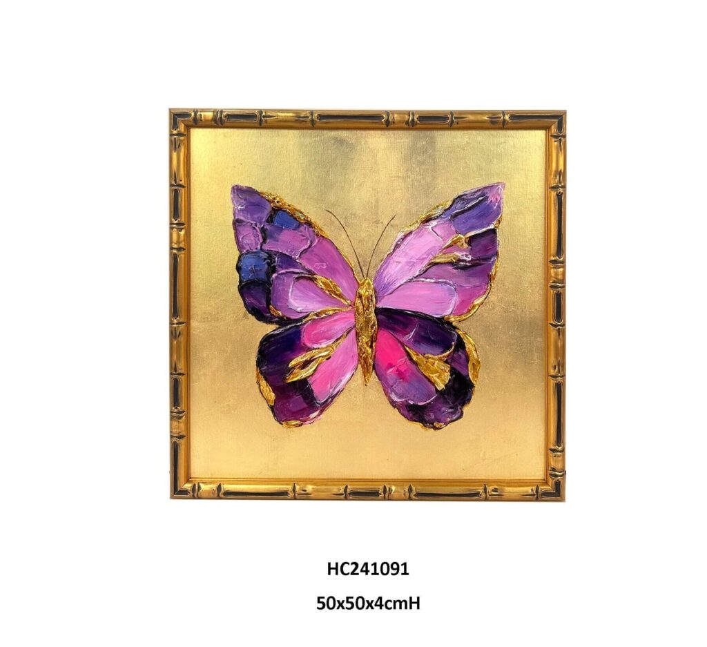 Unique accent art piece with a textured purple butterfly on a gold ground in bamboo frame