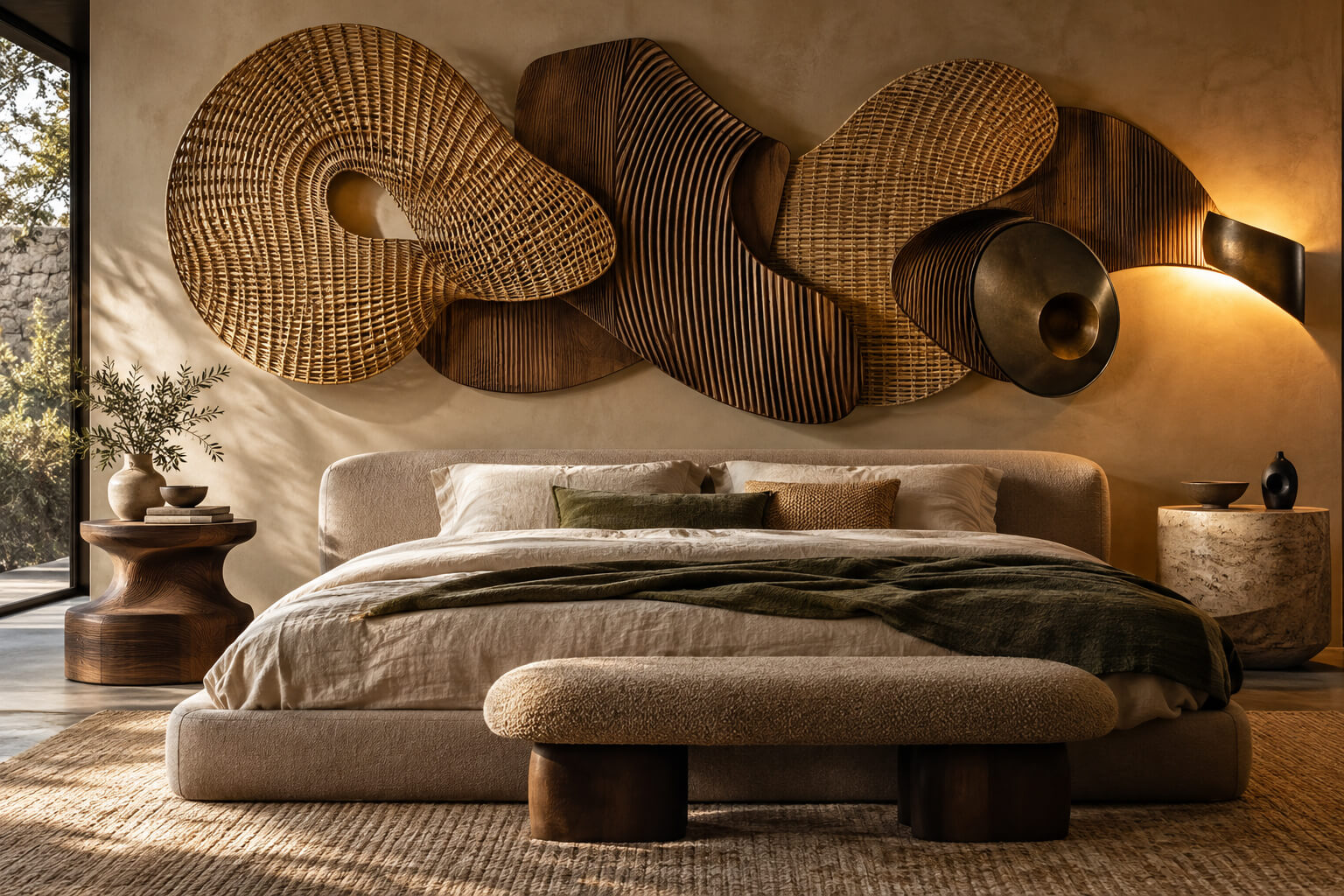 Sculptural woven rattan and carved wood wall decor above a modern bed