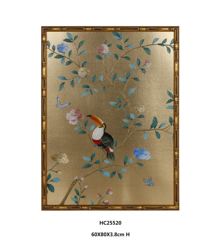 toucan floral wall art with an orange beak and gold background