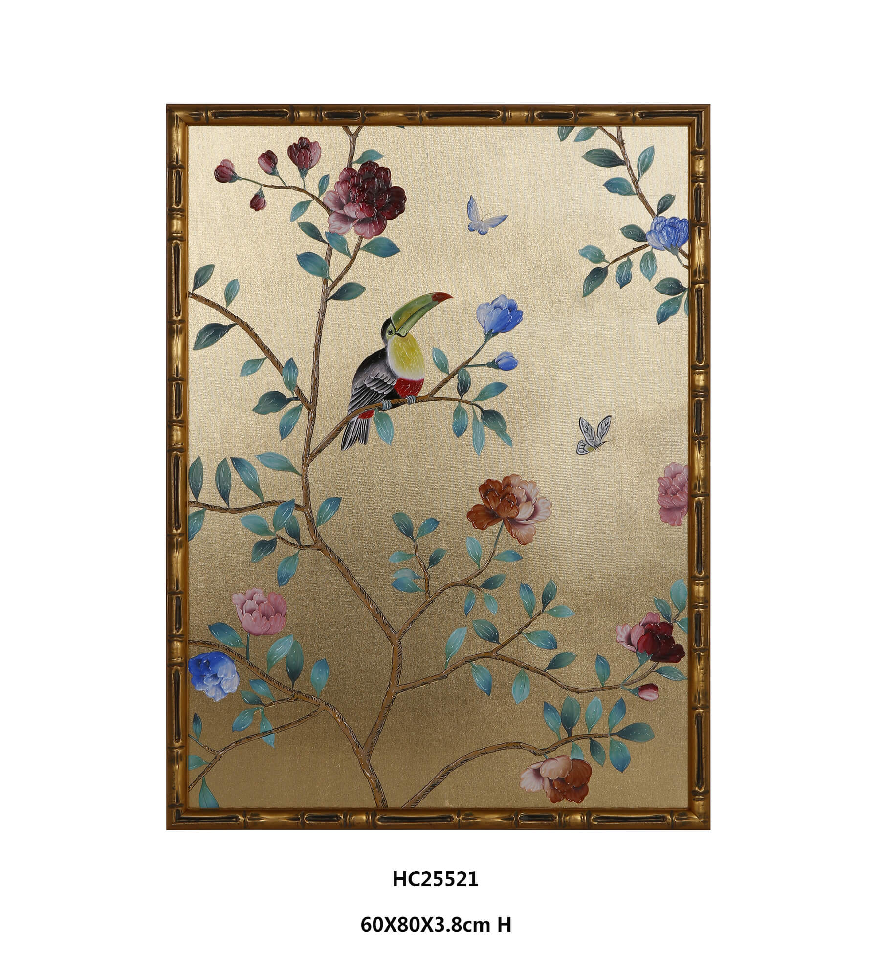 toucan floral wall art with a green beak and gold background