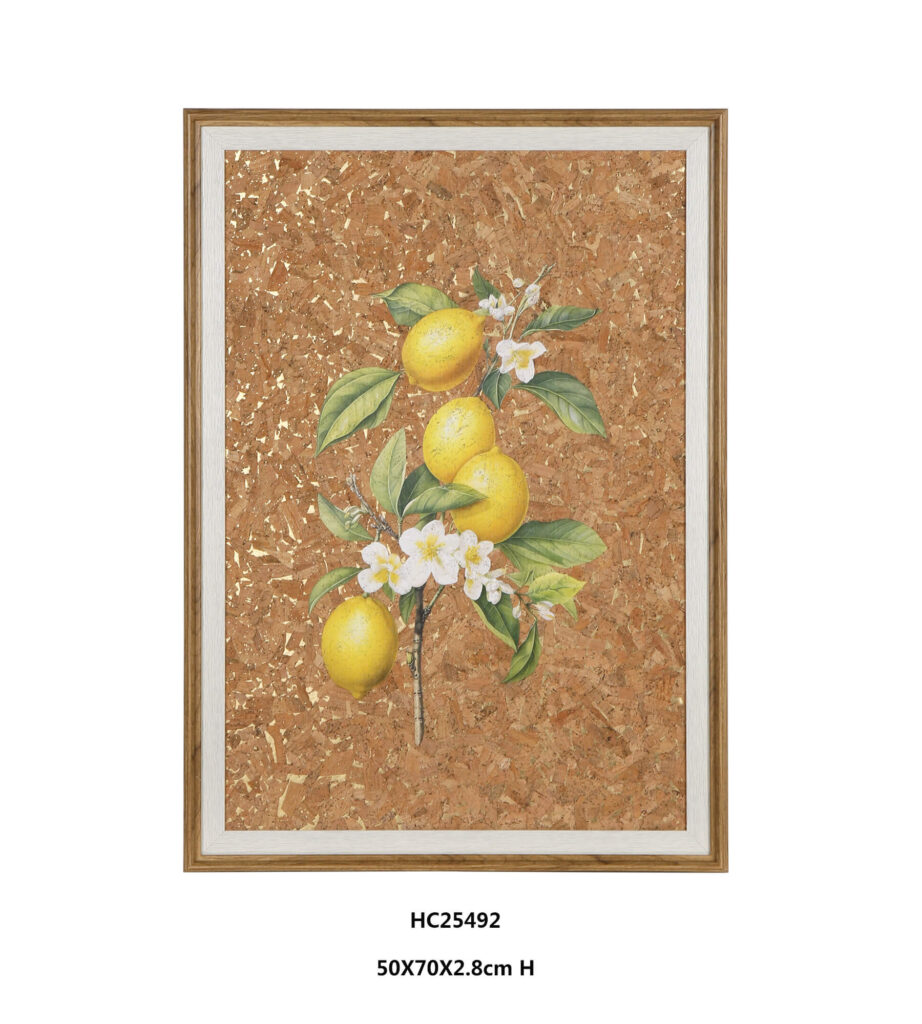 Vertical lemon cork wall art with yellow fruit and green leaves