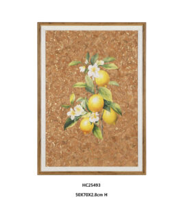 Vertical lemon cork wall art with white blossoms and gold foil