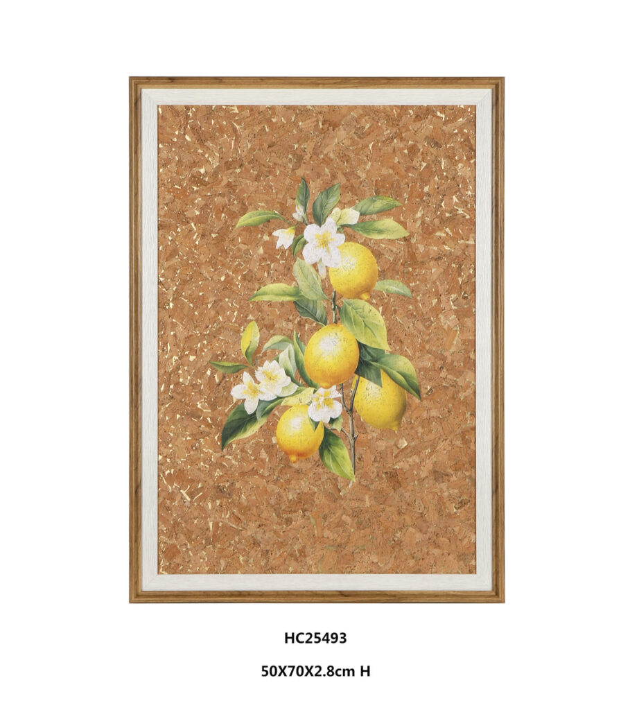 Vertical lemon cork wall art with white blossoms and gold foil