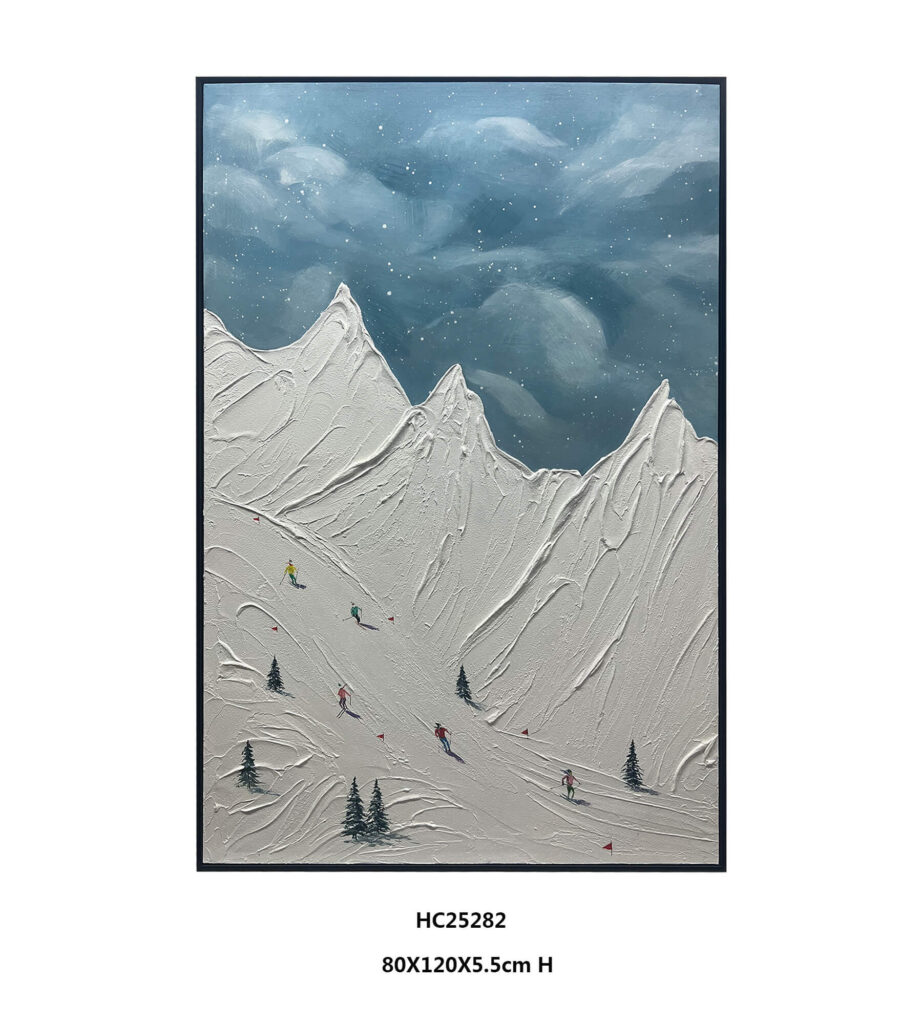 Vertical 3D ski mountain impasto wall art framed