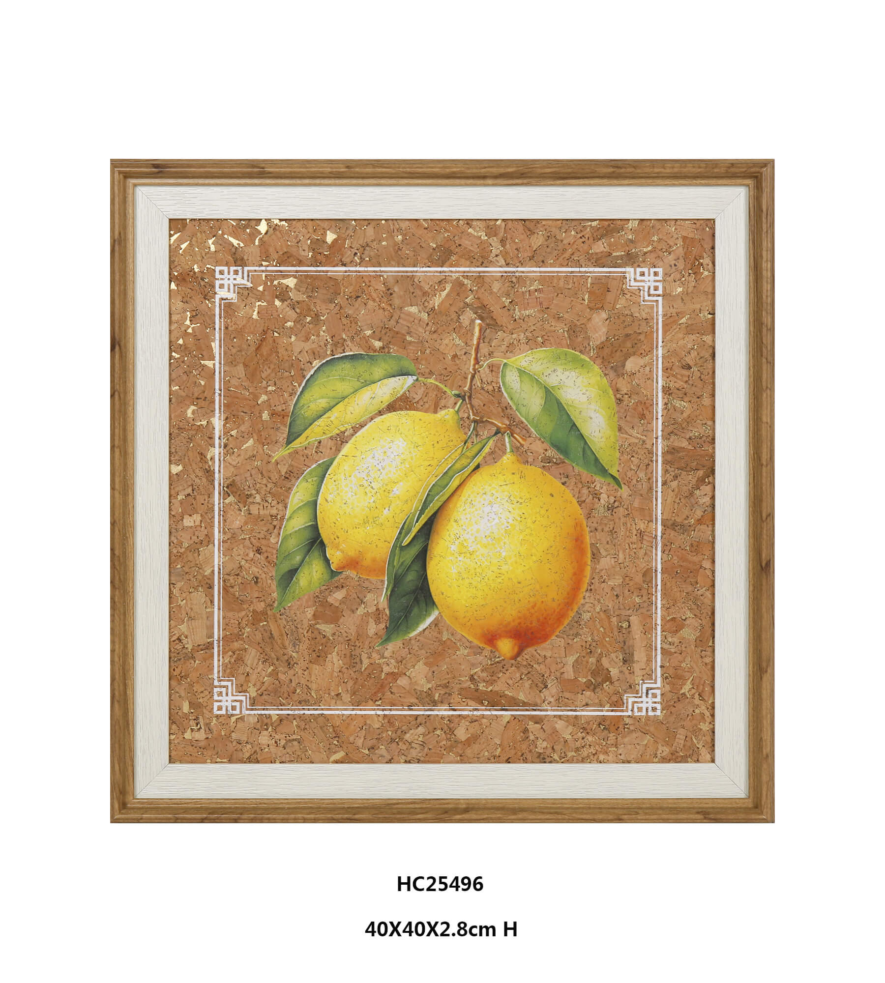 Vintage lemon cork wall art with curled green leaves
