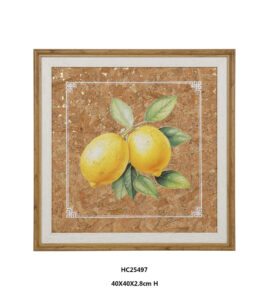 Vintage lemon cork wall art with dewy green leaves
