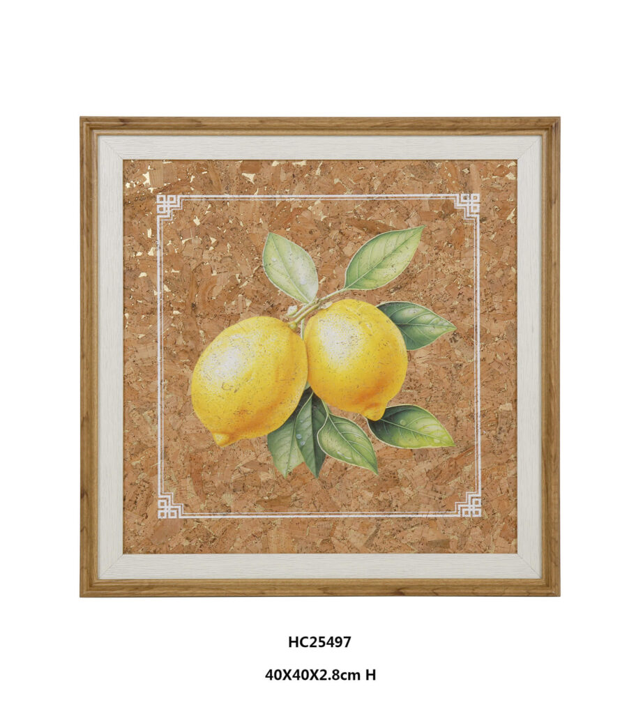 Vintage lemon cork wall art with dewy green leaves