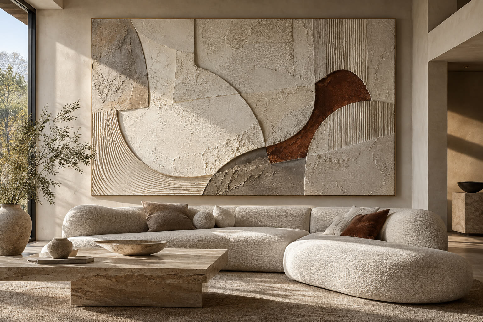 Large textured abstract wall art in earthy tones above a cream sofa in a Wabi-Sabi living room