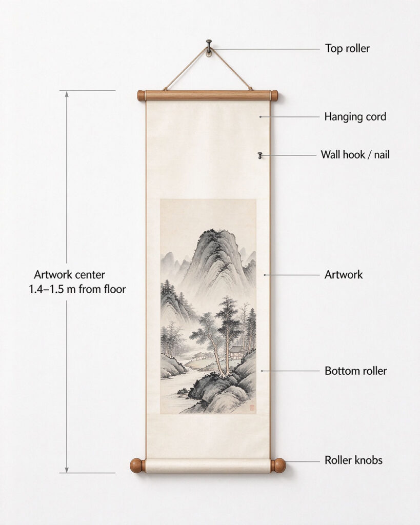 Diagram of a wall scroll anatomy showing top roller, hanging cord, wall hook, bottom roller, and recommended artwork center height of 1.4–1.5 m