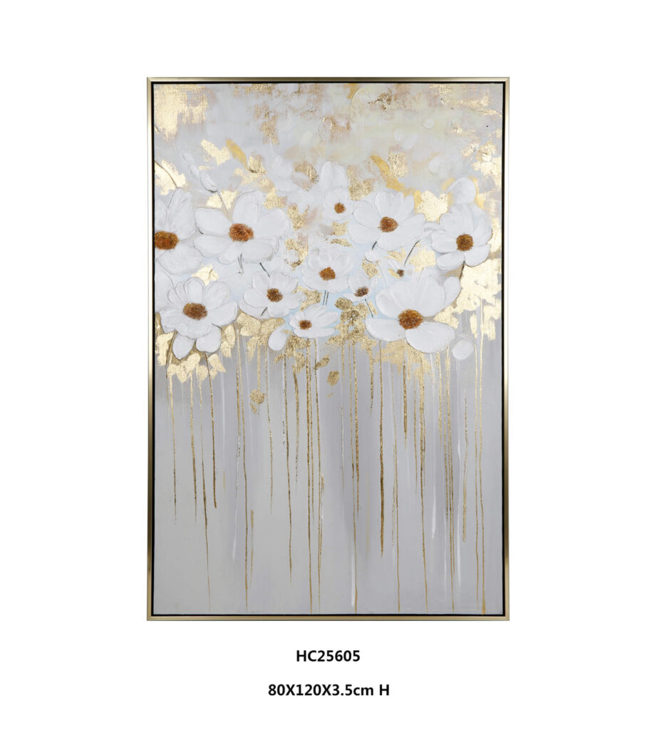 White Floral Wall Art with daisy blooms and gold streaks