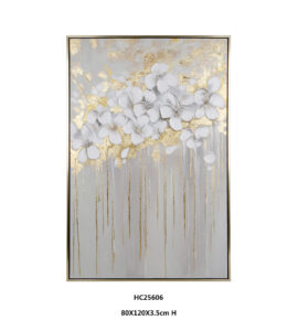 White Floral Wall Art with clustered blooms and gold streaks