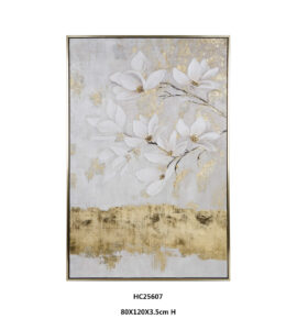White Floral Wall Art with flowering branches and a gold band