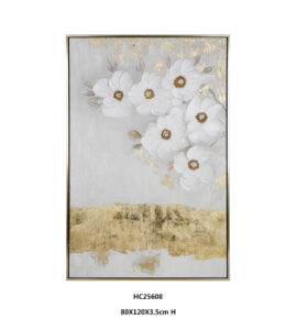 White Floral Wall Art with rounded blooms above a gold band