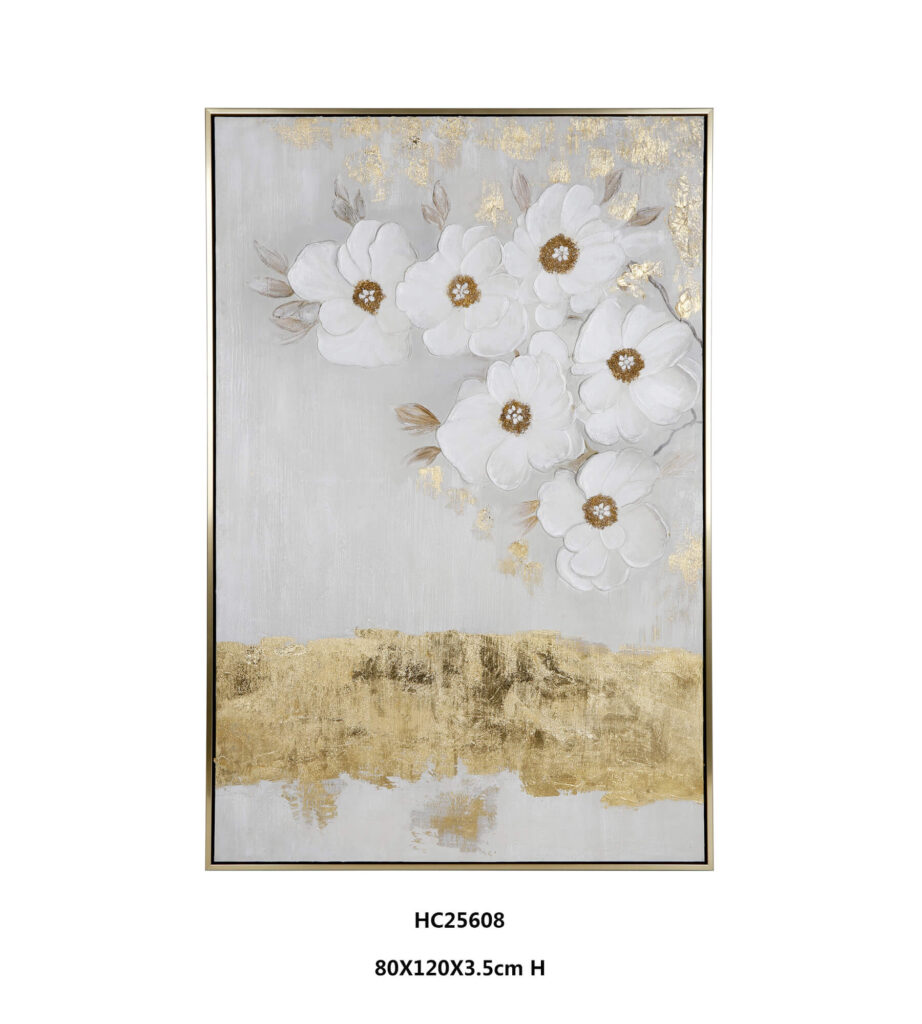 White Floral Wall Art with rounded blooms above a gold band