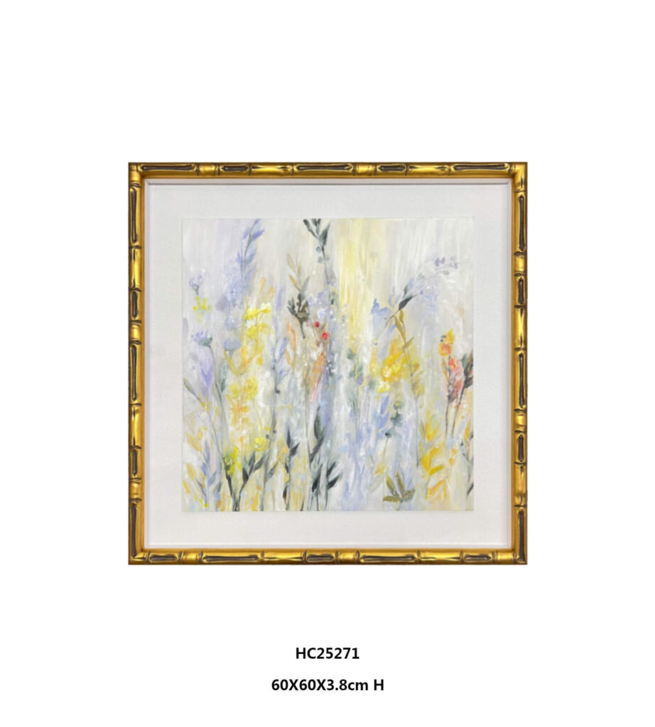 Hand painted wildflower wall art in gold bamboo frame